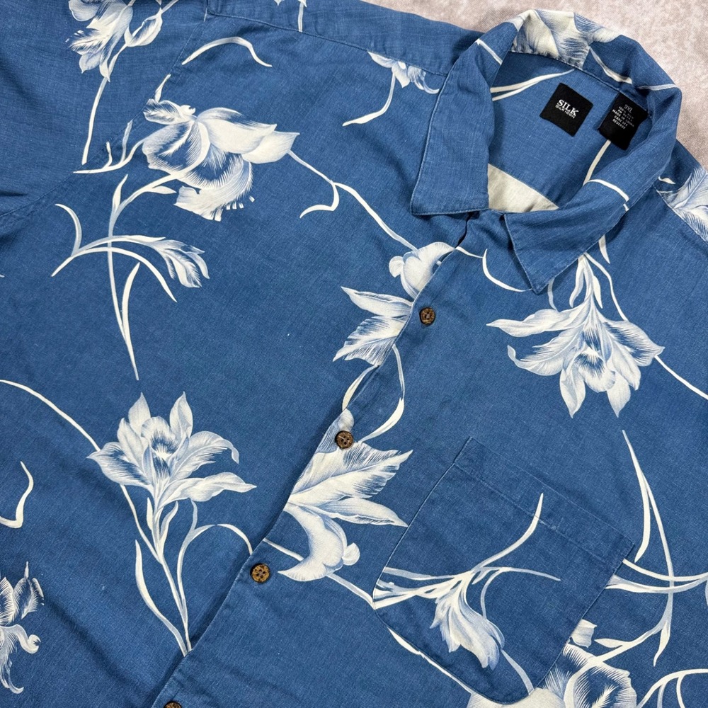 Silk Icon Mens 3XL Blue Floral Silk Button Down Shirt Short Sleeve Aloha Lily